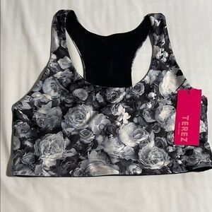 NWT TEREZ WOMENS BLACK & GREY FLORAL‎ SPORTS BRA RACERBACK SIZE MEDIUM